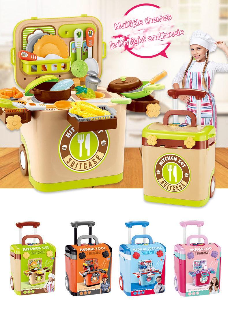 Compact children's kitchen playset with pots and pans