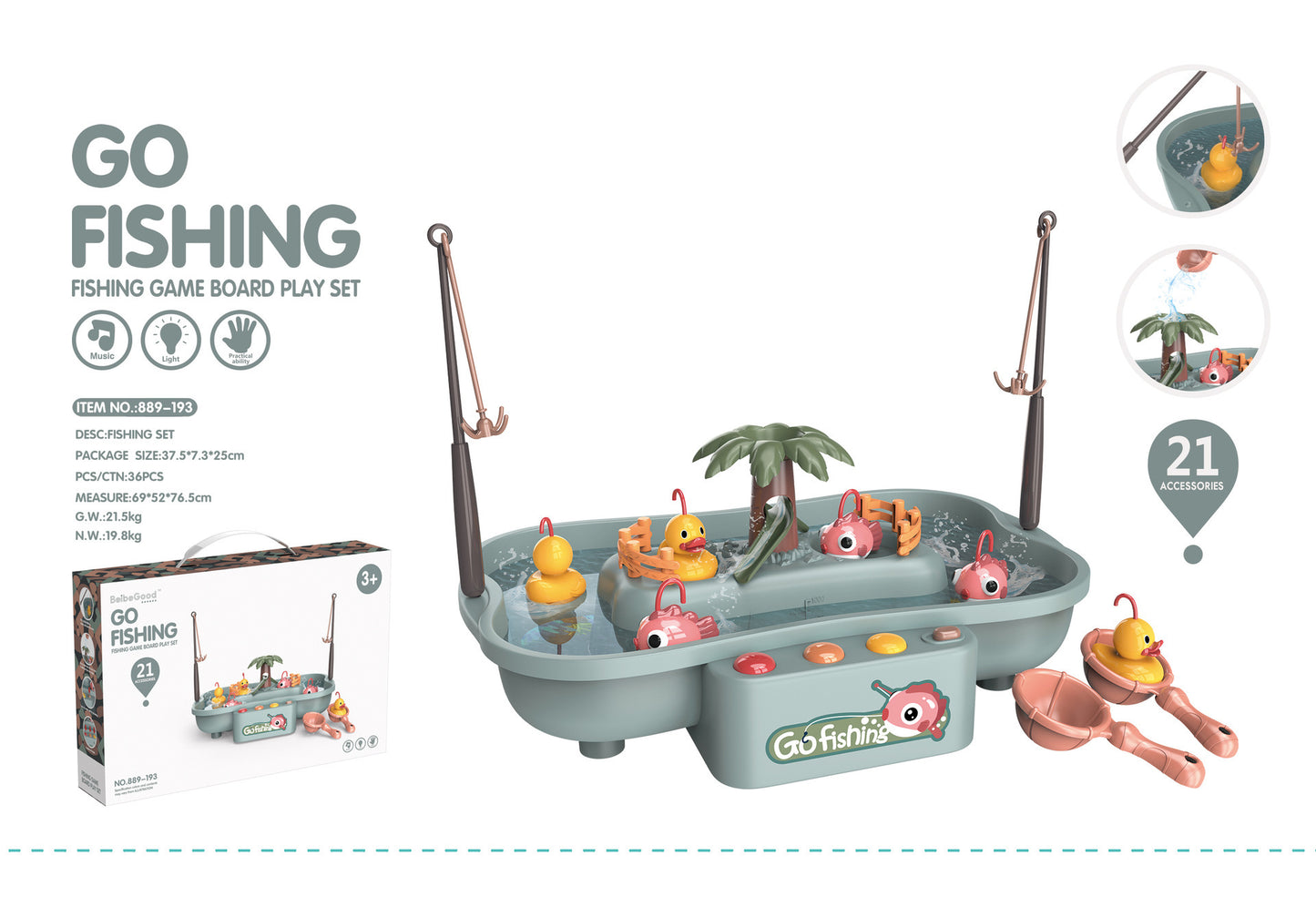 children's fishing game setup with colorful fish