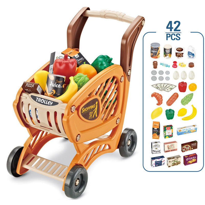 interactive toy shopping cart with yellow accents and music