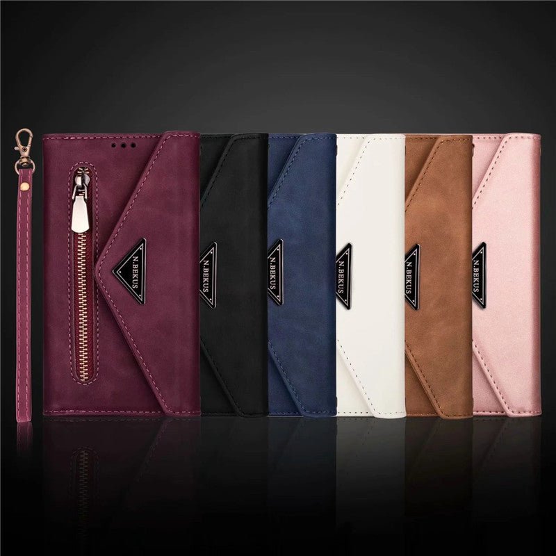 Premium PU Leather Wallet Case for iPhone & Samsung - Multi-Card Holder with Zipper Closure