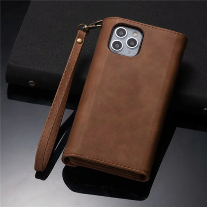 Premium PU Leather Wallet Case for iPhone & Samsung - Multi-Card Holder with Zipper Closure