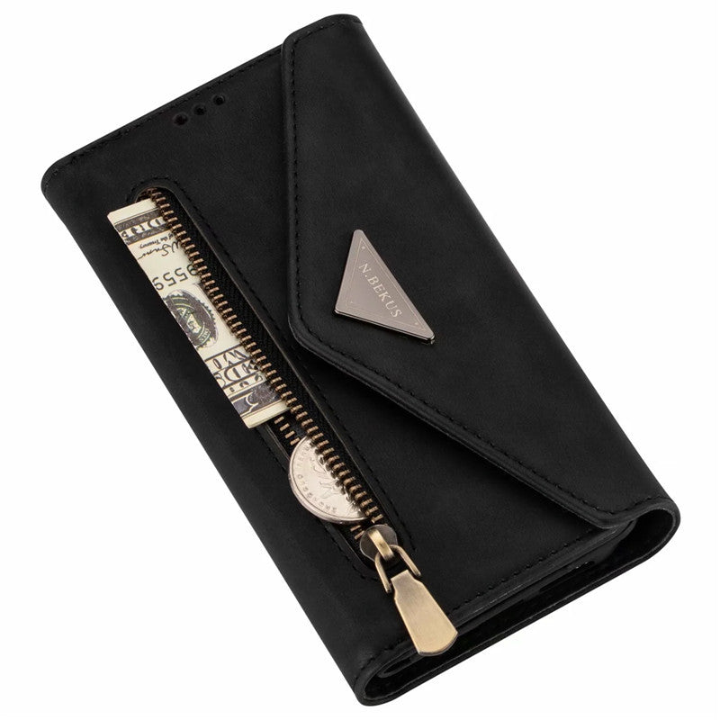 Premium PU Leather Wallet Case for iPhone & Samsung - Multi-Card Holder with Zipper Closure