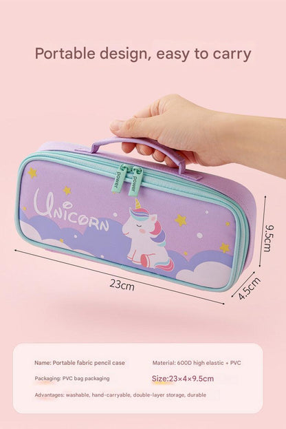 purple unicorn pencil case angled view