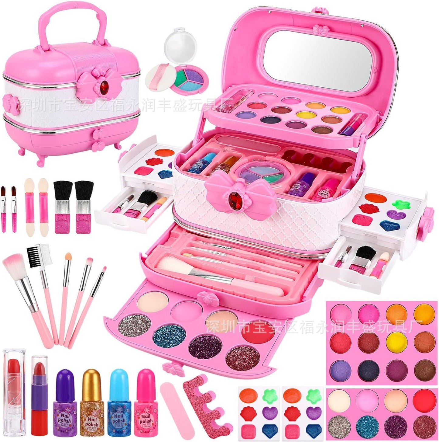 child with open makeup kit showing colorful cosmetics