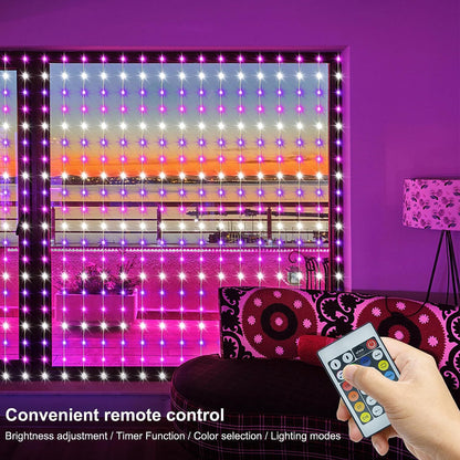 Smart RGB LED curtain lights with blue sky background