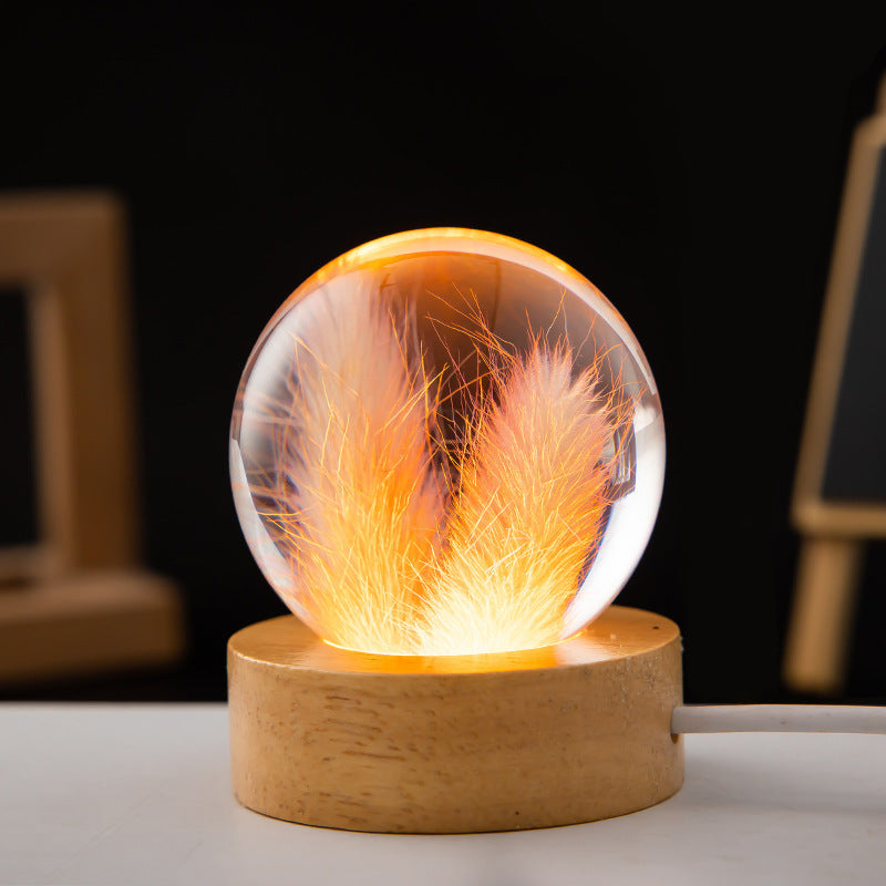 3D engraved dandelion in crystal ball night lamp with wooden base