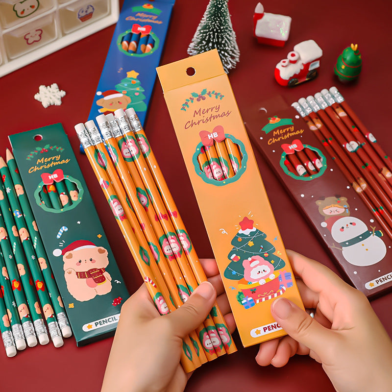 Colorful Christmas pencils with erasers, packaged in gift box