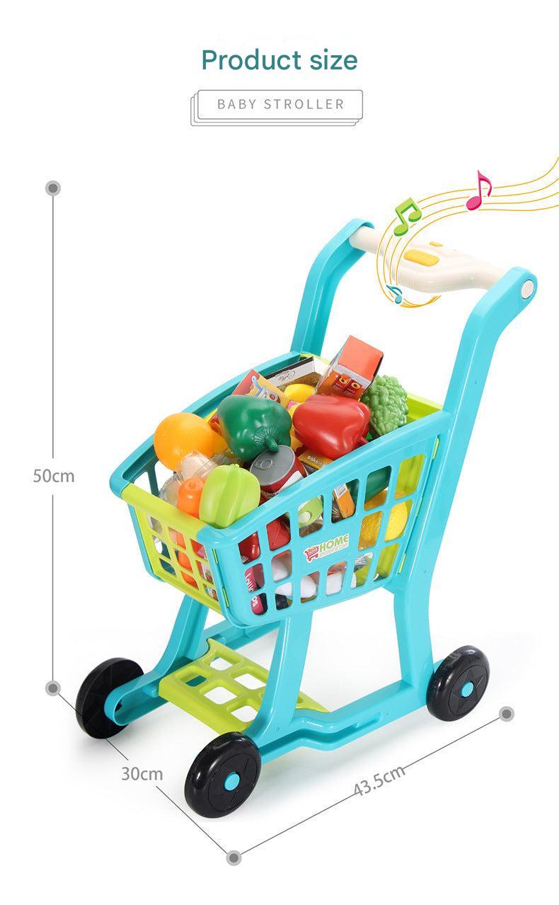 preschooler using red toy shopping cart outdoors