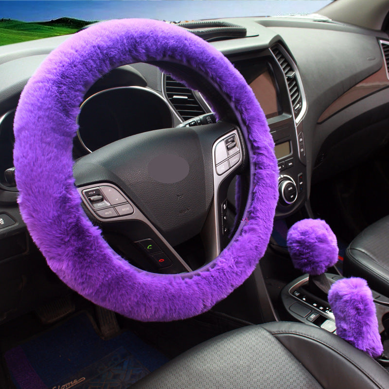 elegant gray fur steering wheel cover in vehicle