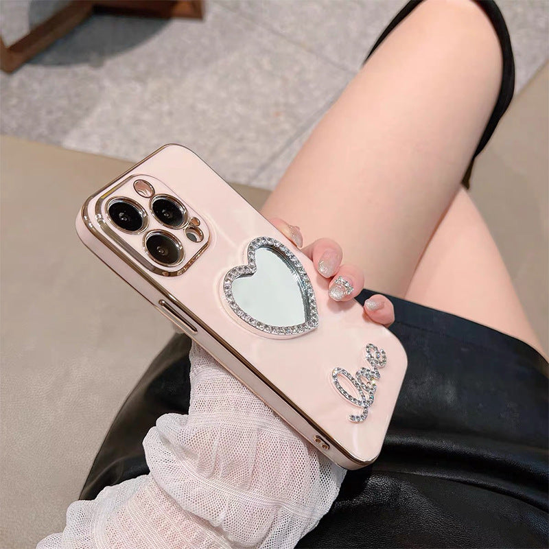 Stylish Heart Mirror TPU Phone Case for iPhone 15 Series - Bling Crystal Design