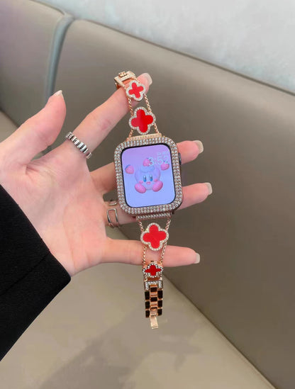 Stylish Four-Leaf Clover Rhinestone Metal Band for Apple Watch Series 1-9 - Versatile Adjustable Sizes