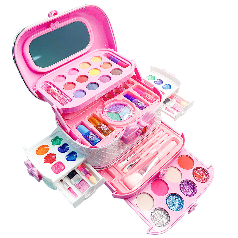 travel-ready children's makeup case with items displayed