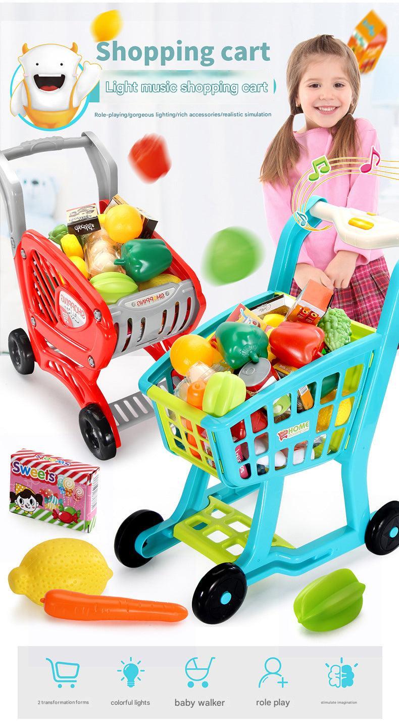 preschool kid with purple shopping cart and plastic fruits