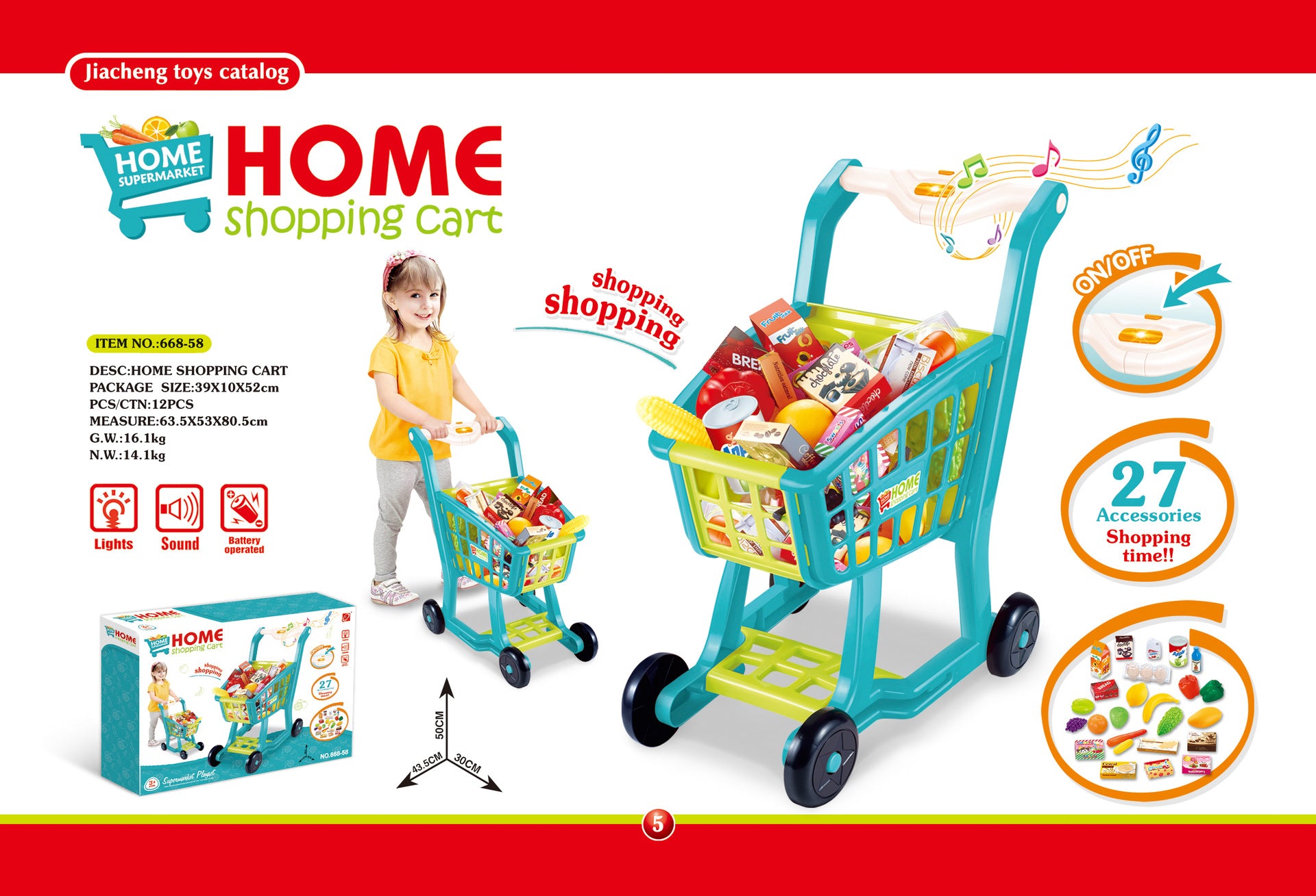 boy playing with supermarket shopping cart toy