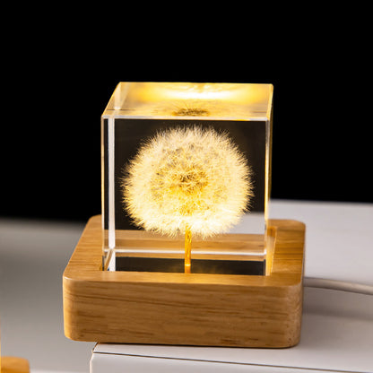 modern crystal night lamp with intricate dandelion and wood base