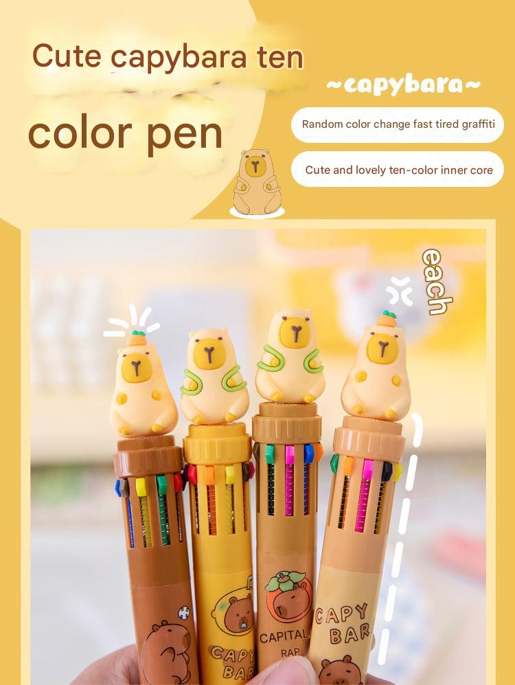 Capybara cartoon, multicolor pen with orange details