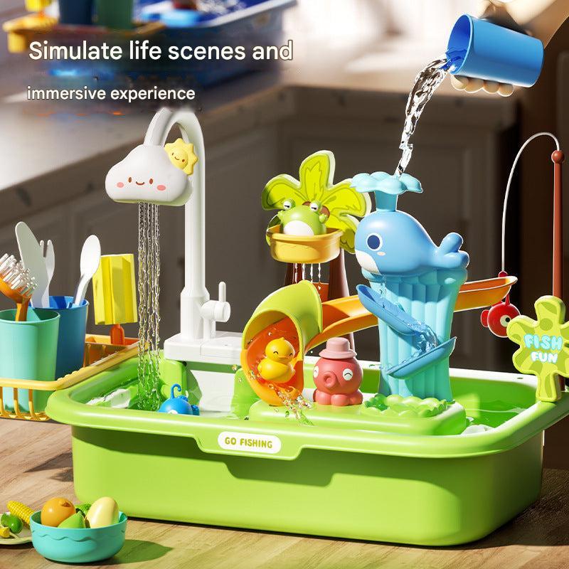 colorful pretend play kitchen set with utensils and plates