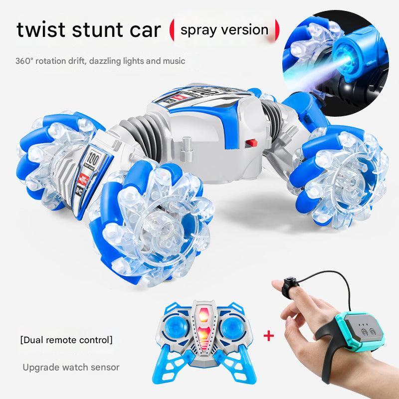 blue and white remote control stunt car with spray feature