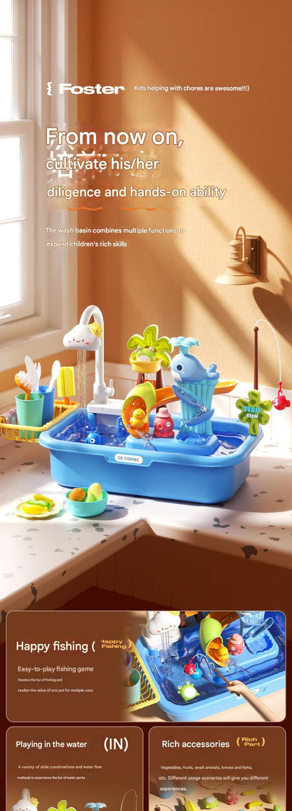 toddlers enjoying colorful fishing game with play kitchen