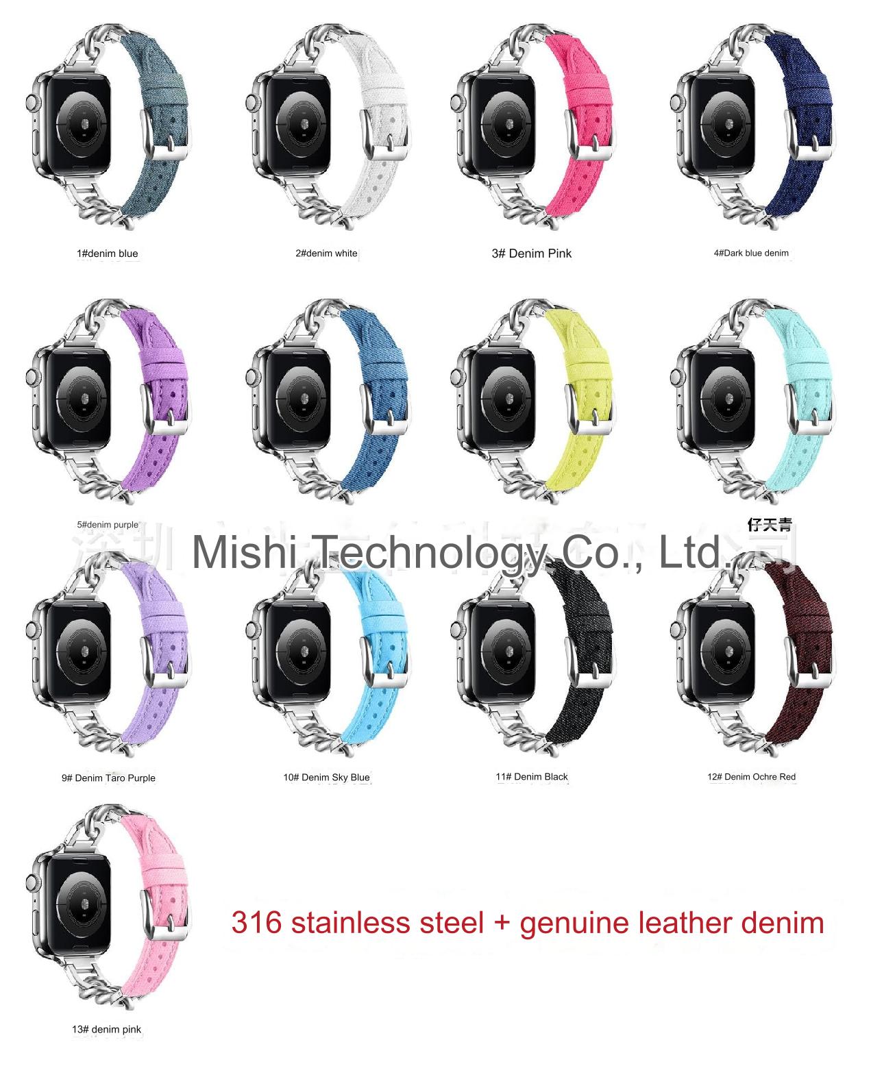 Stylish Leather Chain Link Band for Apple Watch Series 9, 8, 7, SE - Premium Denim Style - Compatible with Various Sizes