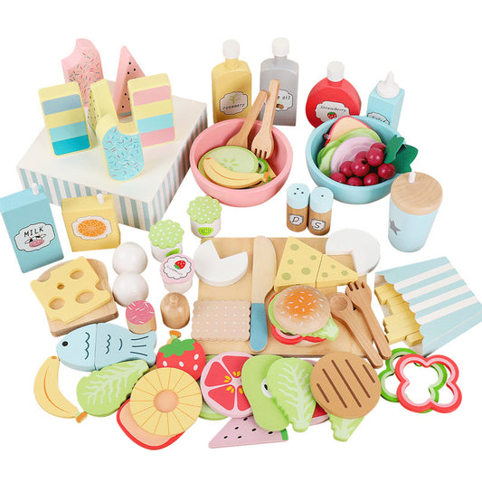 wooden play food set with burger and fries for kids pretend play