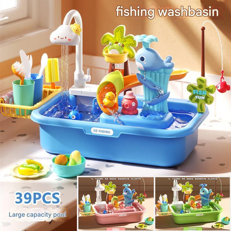 children playing with interactive kitchen sink set