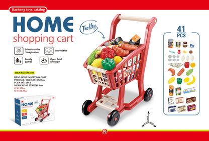 young child pushing toy grocery cart with lights