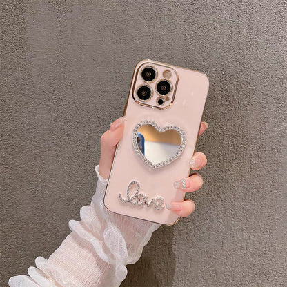 Stylish Heart Mirror TPU Phone Case for iPhone 15 Series - Bling Crystal Design