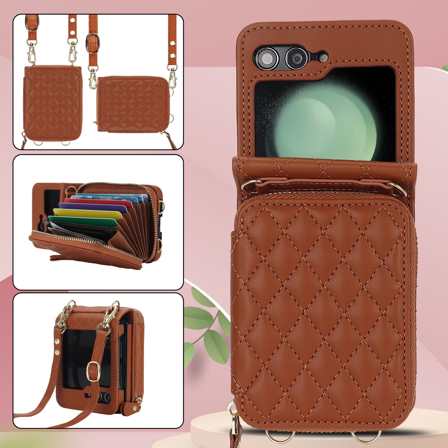 Stylish Samsung Z Flip 5 and Z Flip 6 Crossbody Phone Case with Card Holder - Durable PU+TPU Protection