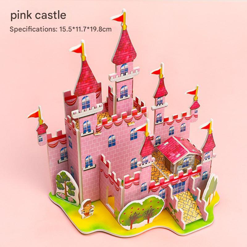 child assembling 3D puzzle of fantasy castle