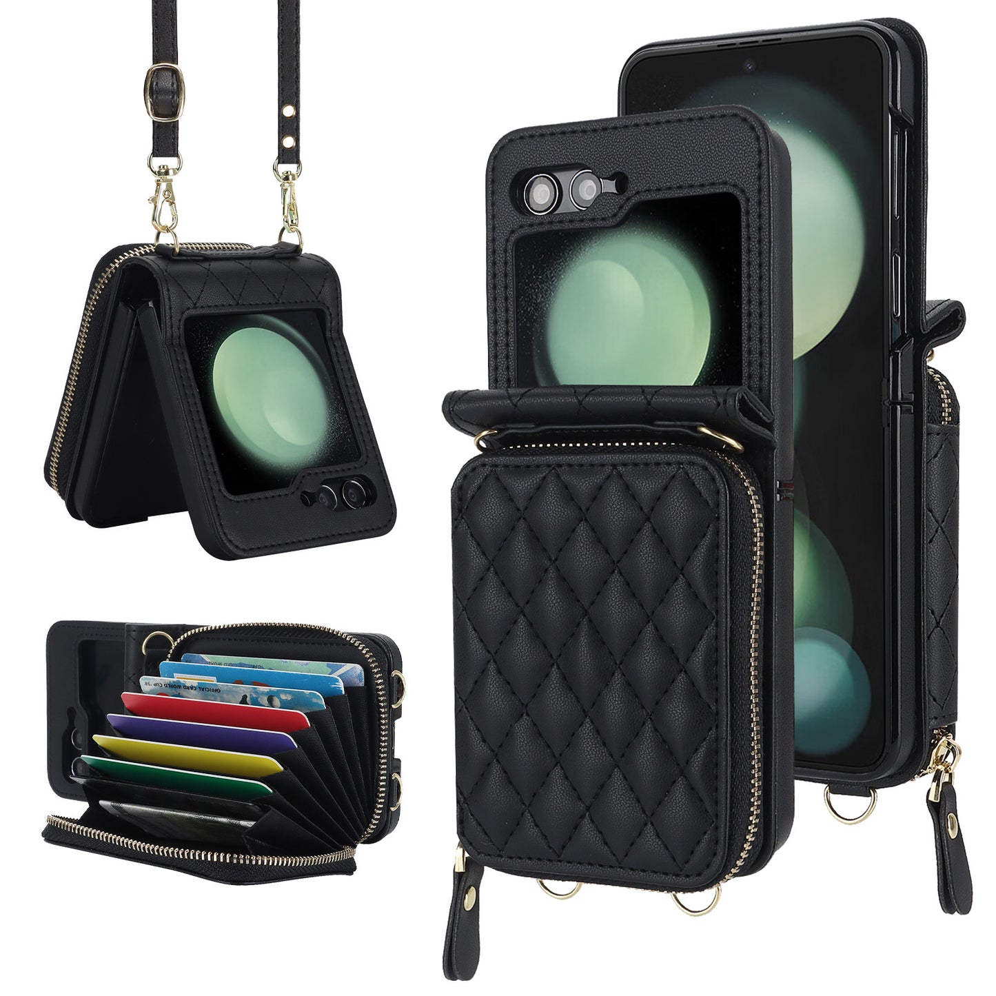 Stylish Samsung Z Flip 5 and Z Flip 6 Crossbody Phone Case with Card Holder - Durable PU+TPU Protection