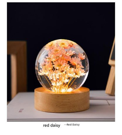 modern crystal night lamp with intricate dandelion and wood base