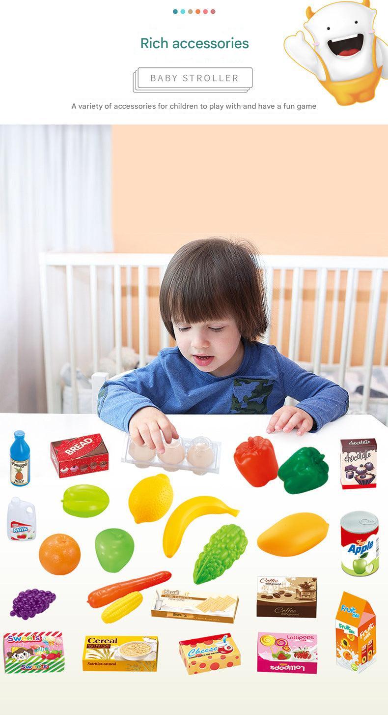 interactive toy shopping cart with yellow accents and music