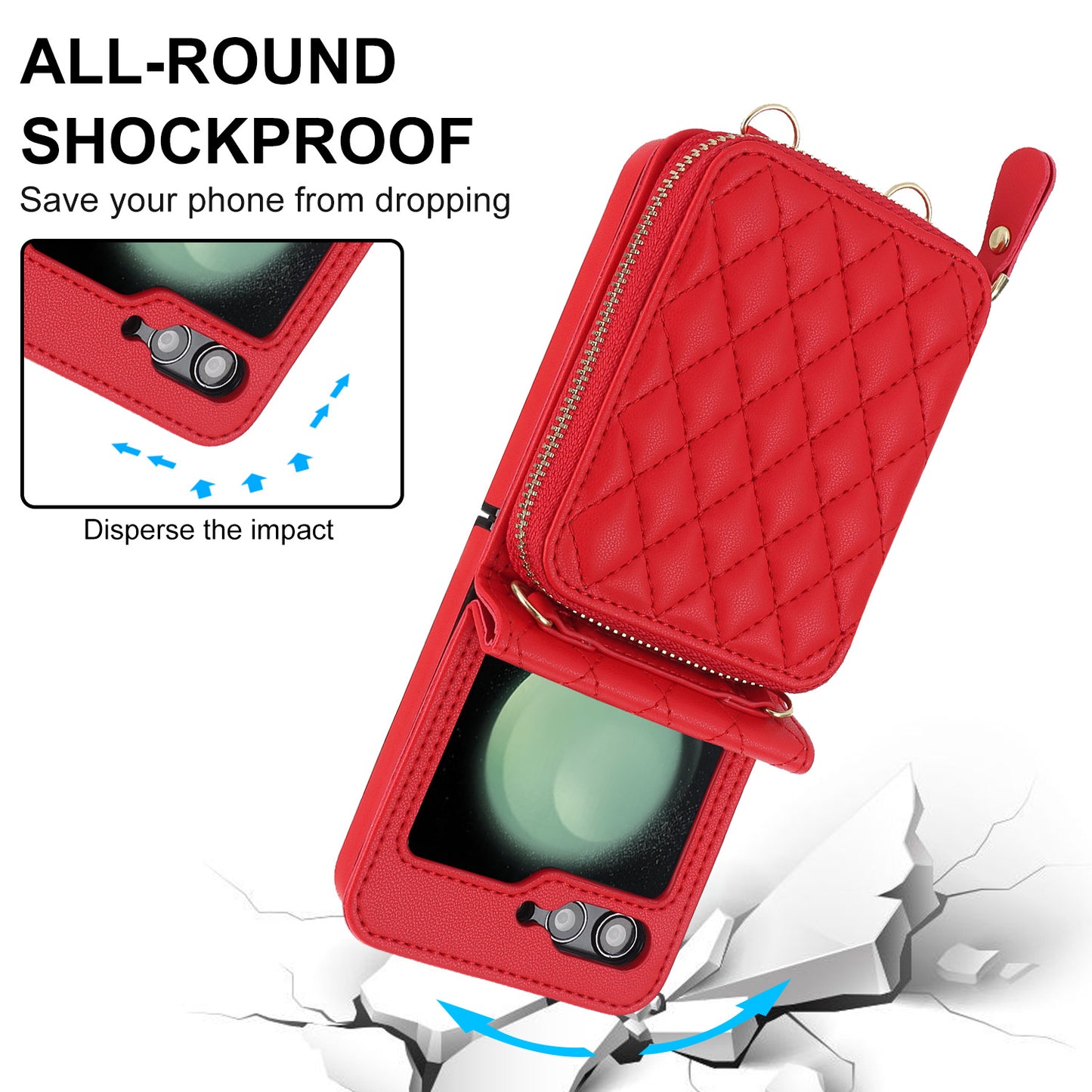 Stylish Samsung Z Flip 5 and Z Flip 6 Crossbody Phone Case with Card Holder - Durable PU+TPU Protection