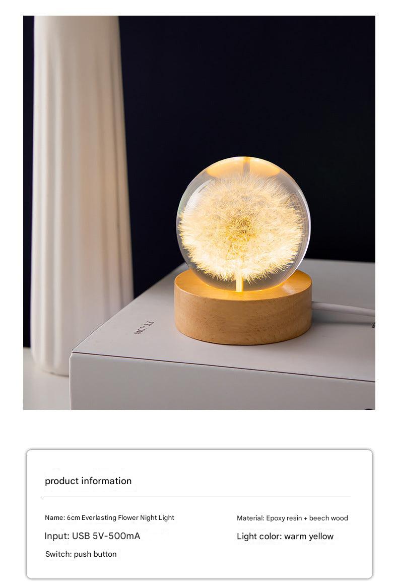 3D engraved dandelion in crystal ball night lamp with wooden base