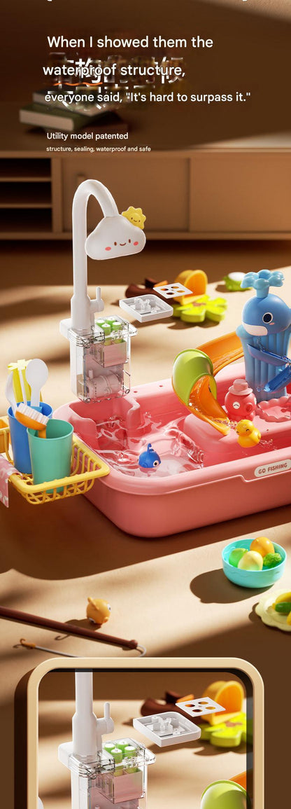 kids engaging in play with pretend sink with running water