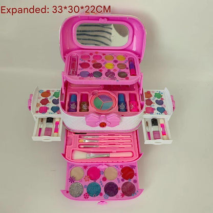 open makeup kit case with various children's cosmetics