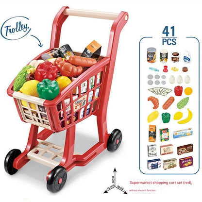 boy playing with supermarket shopping cart toy