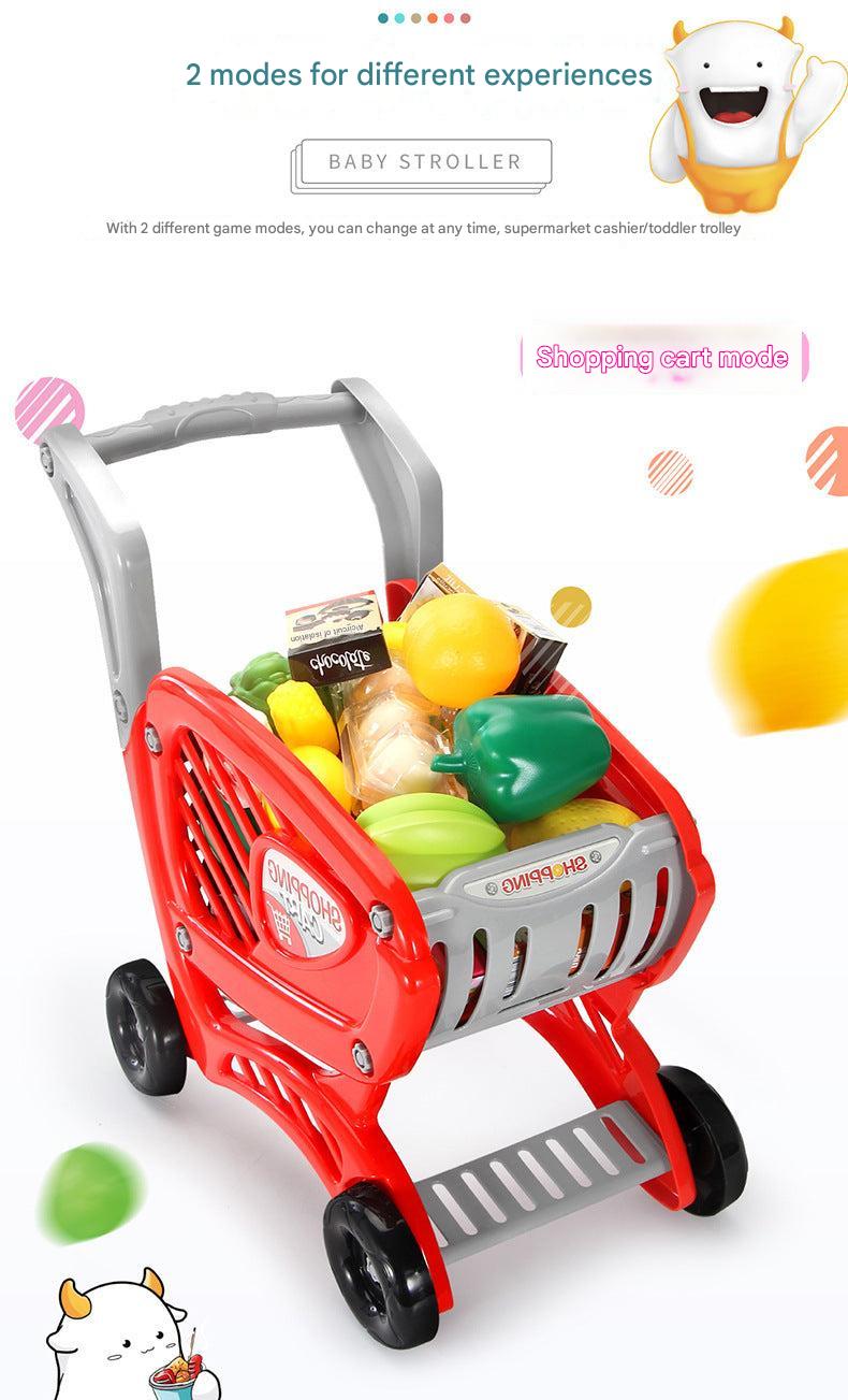 young child pushing toy grocery cart with lights